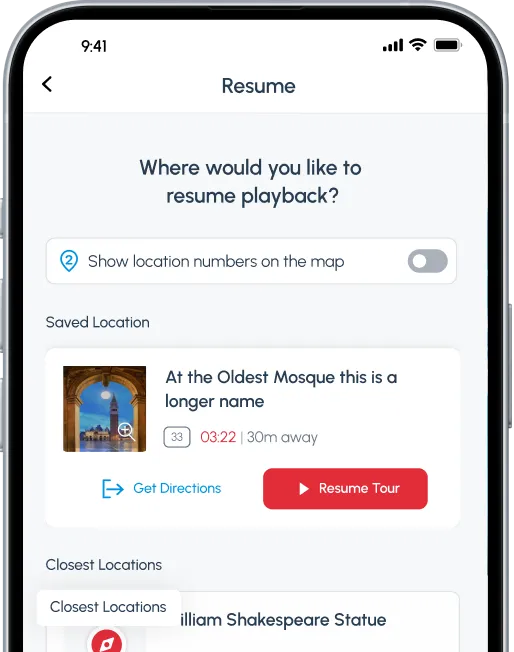 Pausing and resuming a self-guided walking tour in the VoiceMap app